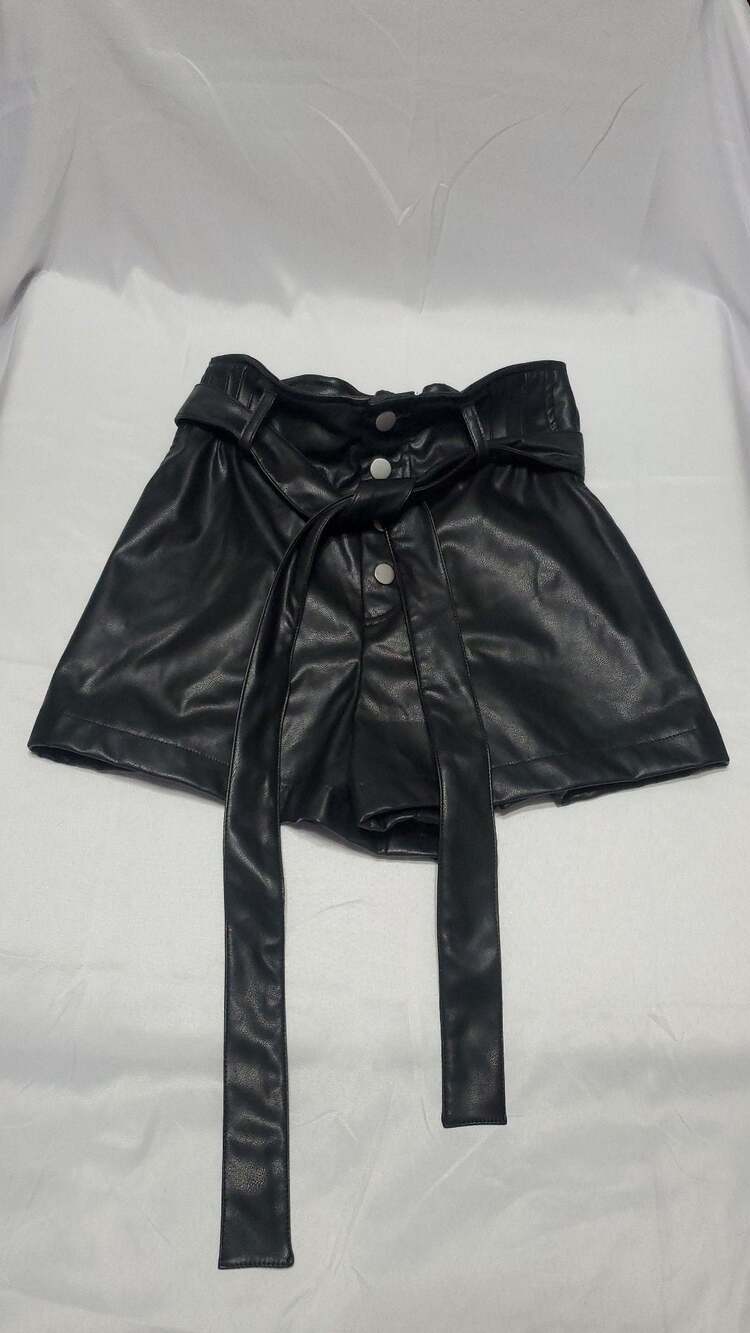 BaeVely Black Faux Leather Paperbag Waist Shorts with Tie Belt Size S